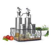 Sendez Stainless Steel Kitchenware Shaker Set - 5Piece Glass Oil, Vinegar, Salt and Pepper Shakers with Acacia Wood Base