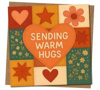 Sending Warm Hugs Greeting Card - Thinking of You/Support - Patchwork Heart & Floral Design - 145mm x 145mm -, Includes Kraft Envelope