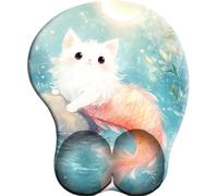 SENDJJ 3D Mouse Mat Wrist Support Moonlit Night Fluffy Cat Ergonomic Gel Gaming Mouse Pad Wrist Rest with Non-slip Base for Home Office Computer Laptop 27x22 cm