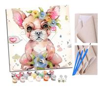 SENDJJ Paint by Numbers for Adults and Beginner Cartoonflower Crown French Bulldog Animal Kits On Canvas Without Frame DIY Color Oil Painting Acrylic Paints,Home Wall Decor 40X40CM