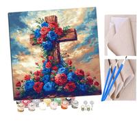 SENDJJ Paint by Numbers for Adults and Beginner Wooden Cross red and Blue Roses (1) Kits On Canvas Without Frame DIY Color Oil Painting Acrylic Paints,Home Wall Decor 40X40CM