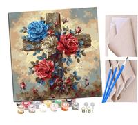 SENDJJ Paint by Numbers for Adults and Beginner Wooden Cross red and Blue Roses (4) Kits On Canvas Without Frame DIY Color Oil Painting Acrylic Paints,Home Wall Decor 40X40CM