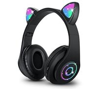 Sendowtek Wireless Headphones for Kids Adults, Over Ear Cute Cat Ear Earphone with Flashing Lights Built-in Mic Cute Headphones for Kids Boys Girls(Black)