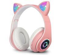 Sendowtek Wireless Headphones for Kids Adults Over Ear, Pink | Cute Cat Ear Earphone with LED Flashing Lights, Foldable Design Built-in Mic, Bluetooth Headphones for Kids Girls Boys