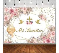 SENDY 10x7ft Mi Bautizo Backdrop Boho Baptism God Bless First Holy Communion Party Decoration for Girl Angel Pink Floral Gold Cross Glitter Background Christening Newborn Baby Shower Photo Booth Props