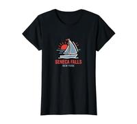Seneca Falls New York Sailboat Sunset Design Value Graphic T-Shirt, Women, Black, S