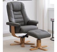 seneca leather recliner chair with stool in chinder and oak