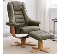 seneca leather recliner chair with stool in olive green and oak