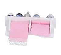 SENECESLI 1:12 Dollhouse White Wooden Towel Rack Bottles Set, Exquisite Eco-Friendly Bathroom Accessories, Perfect for Role Play Game, Ideal Collection for Miniature Decorations, 7.5 X 5 X 2cm