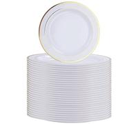 SENENQU 40 Pack Reusable Plastic Plates, 26cm / 10 inch Plastic Party Plates with Gold Rim, Unbreakable Plastic Dinner Plates for Weeding Birthday Party Catering
