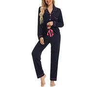 Senert Pajamas Set For Women Long Sleeve Sleepwear Soft Button Down Shirt with Long Pants Pj Lounge Sets S-XXL, Navy With Rosered Piping, M