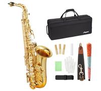 Senfot Brass Eb Alto Saxophone Set with Case, Cork Grease, Cloth, Shoukder and Leather Neck Strap, Brush, Gloves, Reed; Create a Real and Clear Sound for Beginners and Performances