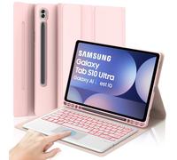 SENGBIRCH Keyboard Case for Samsung Galaxy Tab S10 ultra 14.6 inch - UK Layout 7 Colors Blacklit Touchpad Detachable Wireless Bluetooth Keyboard, Protective Folio Cover for S9 Ultra 14.6", Pink