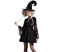 SENGDUJH Gothic Short Dress with Witch Hat,Dark Sexy Lolita Dress for Women,Goth Lace Petal Sleeve Dress for Halloween Carnival Party (Black, M)