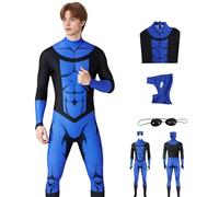 SENGDUJH Mark Grayson Costume Cosplay,Omni Man Son Mark Costume Jumpsuit,Super Hero One Piece Jumpsuit for Halloween,Comic-Con (Blue+Black, XS)