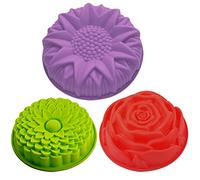 SENHAI 3 Pack Flower Shape Silicone Cake Bread Pie Flan Tart Molds, Large Round Sunflower Chrysanthemum Rose Shape Non-Stick Baking Trays for Birthday Party DIY - Green,Red,Purple