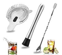 SENHAI Stainless Steel Cocktail Muddler, Spiral Mixing Spoon & 4-Prong Bar Strainer, Home Bar Bartender's Muddling Tool Set