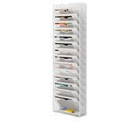 Senhoglb 16 Tier Hanging Wall File Holder, Metal A4 Wall Mounted Document Holder, Vertical Hanging Mail Organiser, Magazine Storage Rack with Tray for Office Home Classroom, White