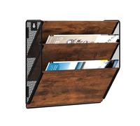 Senhoglb Metal Wall File Holder Organiser, 3-Tier Mesh Hanging Wall File Organiser, Magazine Rack with Pockets, Wood Document Holder for Office Home, Brown