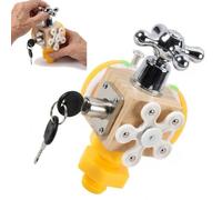 Senior Busy Activity Cube Wooden Fidget Block with Key Lock and Rotary Controls