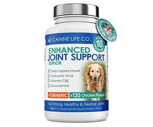 Senior Dog Joint Supplements High Strength With Added Turmeric Glucosamine & Green Lipped Mussel For Older Stiffer Dogs Age 8+ 120 Chewable Tablets Made In The UK From Canine Life Co.