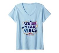 Senior Year Vibes Graduation Celebration Gift V-Neck T-Shirt, Women, Baby Blue, L