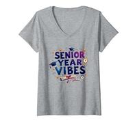 Senior Year Vibes Graduation Celebration Gift V-Neck T-Shirt, Women, Heather Grey, XXL