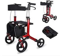 Seniors and Adults Rolling Walker Combination Walker and Transport Chair,Red 4 Wheel with Basket,Elderly Shopping Hand Push Walker Shopping Ai