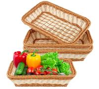SENJEOK 4 PCS Rectangular Poly Wicker Food Basket, Rattan Woven Serving Basket for Breads, Vegetables, Fruits, 30 x 20 x 7cm