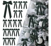 Senjie 16Pcs Velvet Ribbon Bows for Christmas Tree, Vintage Rustic Small Craft Bows Ornaments for Garland Wreath Gift Wrapping Candy Bags Party DIY Decorations (Deep Green, 5" x 10", Width of 1")
