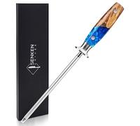 SENKEN Professional Sharpening Steel for Damascus Knives - Tsunami Collection - Incredibly Strong Emery Rod for Sharpening & Honing Knives up to 63 HRC - Beautiful Blue Resin & Natural Wood Handle