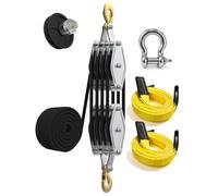 SENKEYFE Block Tackle Rope Hoist Pulley System w/Straps & Shackle 4400 LBS | 8:1 Lifting Power, 65FT Polypropylene Fibers Rope, Metal Bearing, Galvanized Housing & Anti-drop Hook, Ideal for Hoist Towing