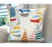 Senkon Home Luxury Cushion Cover. Yellow, Blue, Red Sail Boats 18”x18” Double Sided Square Throw Pillowcase. Decorative Piped Edges Invisible Zipper. Linen Cotton for Yachts, beach hut, seaside homes.