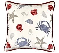 Senkon Home Starfish and Crabs Coastal Design Luxury Cushion Covers. 18x18 inches (45x45 cm) Double Sided Square Throw Pillowcase. Decorative Piped Edges Nautical Red and Blue Linen Cotton