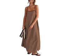 Senllen Women's Linen Dress Summer Loose Flowy Sundress Contrast Spaghetti Strap Sleeveless Backless Beach Maxi Long Dresses, Irish Coffee, M
