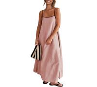 Senllen Women's Linen Dress Summer Loose Flowy Sundress Contrast Spaghetti Strap Sleeveless Backless Beach Maxi Long Dresses, Lotus Pink, XL