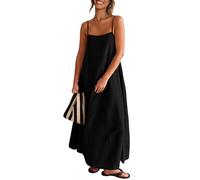 Senllen Women's Loose Maxi Dress, Black, M, Adjustable Spaghetti Strap, Tie Back, Contrast Design, Linen & Cotton, Not Lined, Beach, Casual, Party
