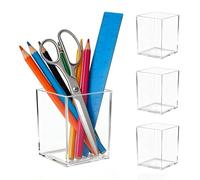 Senndio 4 Pcs Acrylic Pen Pot, 10x6.5x6.5cm Square Clear Pencil Holder, Transparent Pen Cup & Makeup Brush Holder, Durable Desk Pen Holders for School, Home, Office Stationery & Cosmetic Accessories