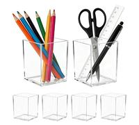 Senndio 6 Pcs Acrylic Pen Pot, 10x6.5x6.5cm Square Clear Pencil Holder, Transparent Pen Cup & Makeup Brush Holder, Durable Desk Pen Holders for School, Home, Office Stationery & Cosmetic Accessories