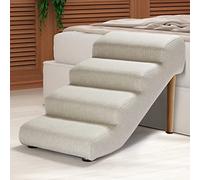 Senneny Imitation Linen Faux Leather Dog Stairs, Waterproof, Scratch Resistant Pet Steps/Stairs with High Density Foam and Detachable Wooden Legs, Light Beige Linen, 4 Step