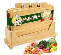 SENNOR Extra Thick 1.5 cm Bamboo Chopping Board Set of 4 with Storage Stand - Chopping Boards with Food Icons & Juice Grooves - Hygienic Design for Meat, Fish, Bread & Vegetables