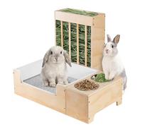 SENNOR Premium 3-in-1 Rabbit Litter Tray with Hay Feeder and Dual Stainless Steel Bowls, Large Solid Wood Bunny Feeding Station, Mess-Proof Rabbit Toilet for Guinea Pigs, Chinchillas & Small Pets