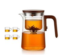 Senomi Infusion Glass Pot, Senomi Teapot, Magnetic Tea Pot with Infusers,Water Separation Glass Teapot with Wooden Handle with Filter for Loose Tea,Scented Tea (Pot+4Cup,600ml)