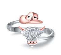 Senpotly 925 Sterling Silver Ring for Women Dainty Scottish Highland Cow Western Hat Ring for Daughter Adjustable Scottish Cow Birthday Christmas Jewelry Gift for Women