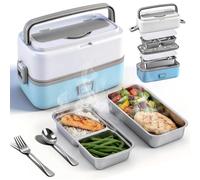 Senprity Electric Lunch Box,100W Lunch Food Heater 1.2L Capacity Double-Layer Portable Heating Lunch Box 2 Removable 304 SS Food Containers Leakproof Comes with Fork & Spoon Suitable for Home Office