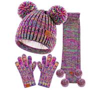 SENPUKI Hat Scarf and Gloves Set Kids, Winter Bobble Hat Beanie Knit Neck Warmer Gaiter Mittens Snood Scarf Gloves Fleece Lined Gifts Set for Girls Toddler Children（Rainbow Mix）