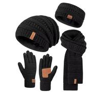 SENPUKI Winuesa Headbands Hat Scarf and Gloves Set Ladies, Slouchy Beanie Hat Women Touchscreen Gloves Women Knit Scarf Ear Warmers 4 in 1 Cold Weather Gift Set（Black）