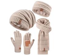 SENPUKI Winuesa Headbands Hat Scarf and Gloves Set Ladies, Slouchy Beanie Hat Women Touchscreen Gloves Women Knit Scarf Ear Warmers 4 in 1 Cold Weather Gift Set