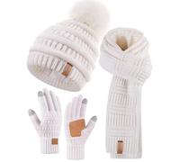 SENPUKI Women Winter Hat Scarf Gloves Bobble Hat Warm Fleece Lined Long Knitted Scarf Touch Screen Gloves for Cold Weather, White/Opulent Garden, One size