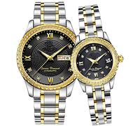 SENRUD Couples Automatic Self-Wind Watches Calendar Date Luxury Stainless Steel Men and Women Pair Watches His and Hers Automatic Watch Gifts Set of 2, Two tone black, Automatic Watch